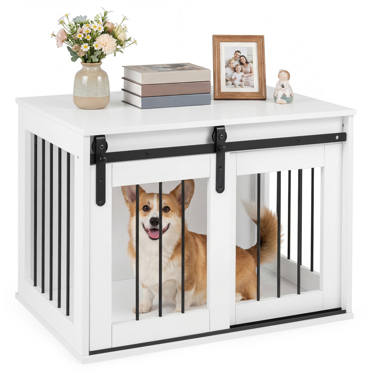 Dog Crate Furniture Heavy Duty Dog Kennel with Sliding Barn Door-White-Dog Kennels-DECOROLALA