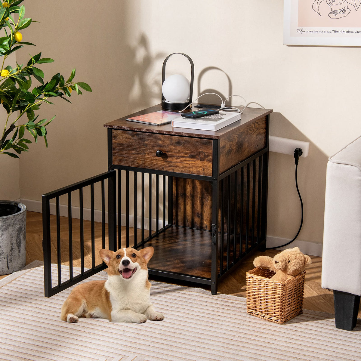 Dog Crate Furniture for Small Dogs Wooden Puppy Kennel with Charging Station-Rustic Brown-Dog Kennels-DECOROLALA