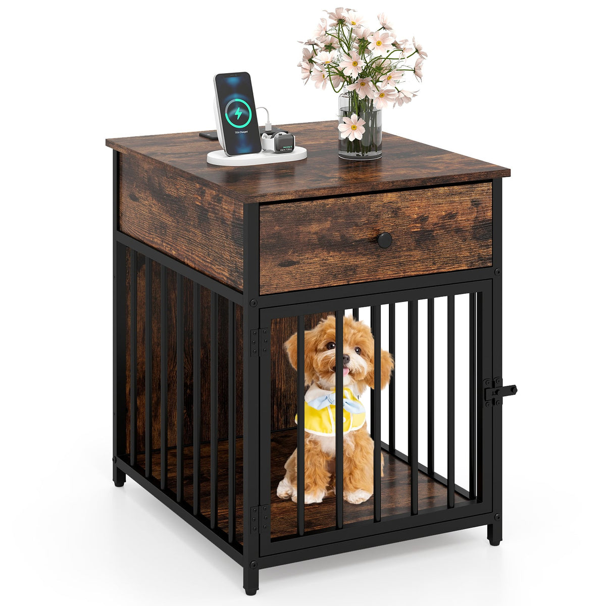 Dog Crate Furniture for Small Dogs Wooden Puppy Kennel with Charging Station-Rustic Brown-Dog Kennels-DECOROLALA