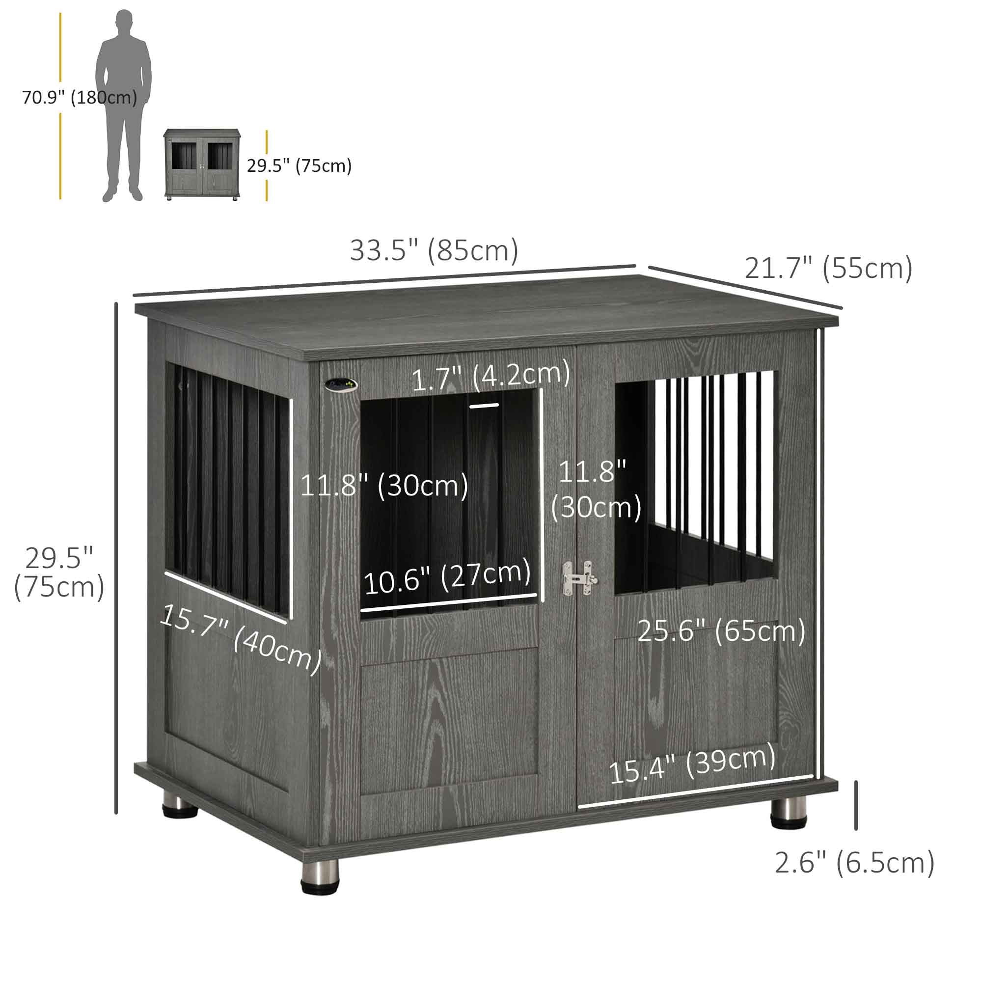 Dog Crate Furniture with Lockable Magnetic Door, Adjustable feet for Small & Medium Dogs, Indoor Use, Grey-DECOROLALA