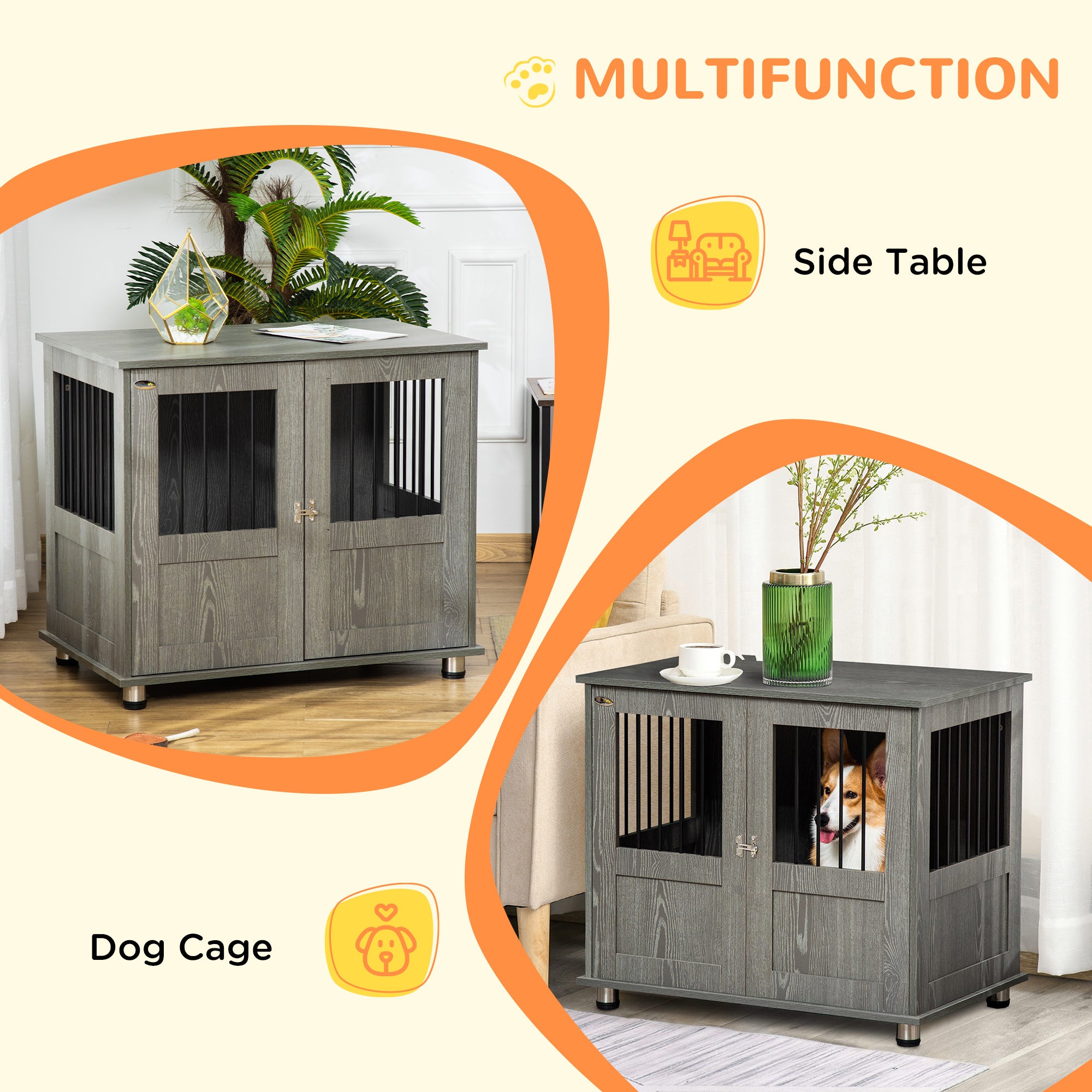Dog Crate Furniture with Lockable Magnetic Door, Adjustable feet for Small & Medium Dogs, Indoor Use, Grey-DECOROLALA