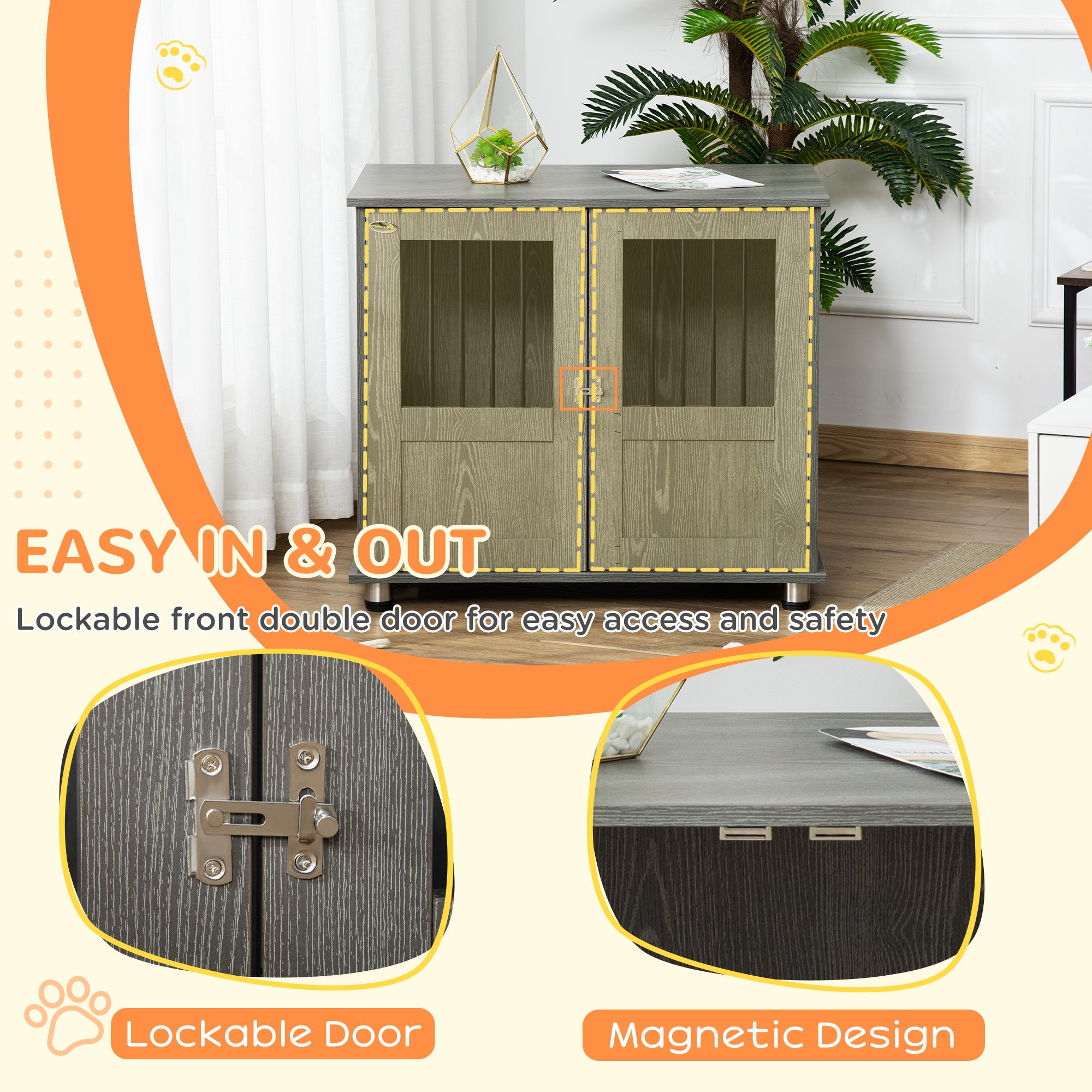 Dog Crate Furniture with Lockable Magnetic Door, Adjustable feet for Small & Medium Dogs, Indoor Use, Grey-DECOROLALA