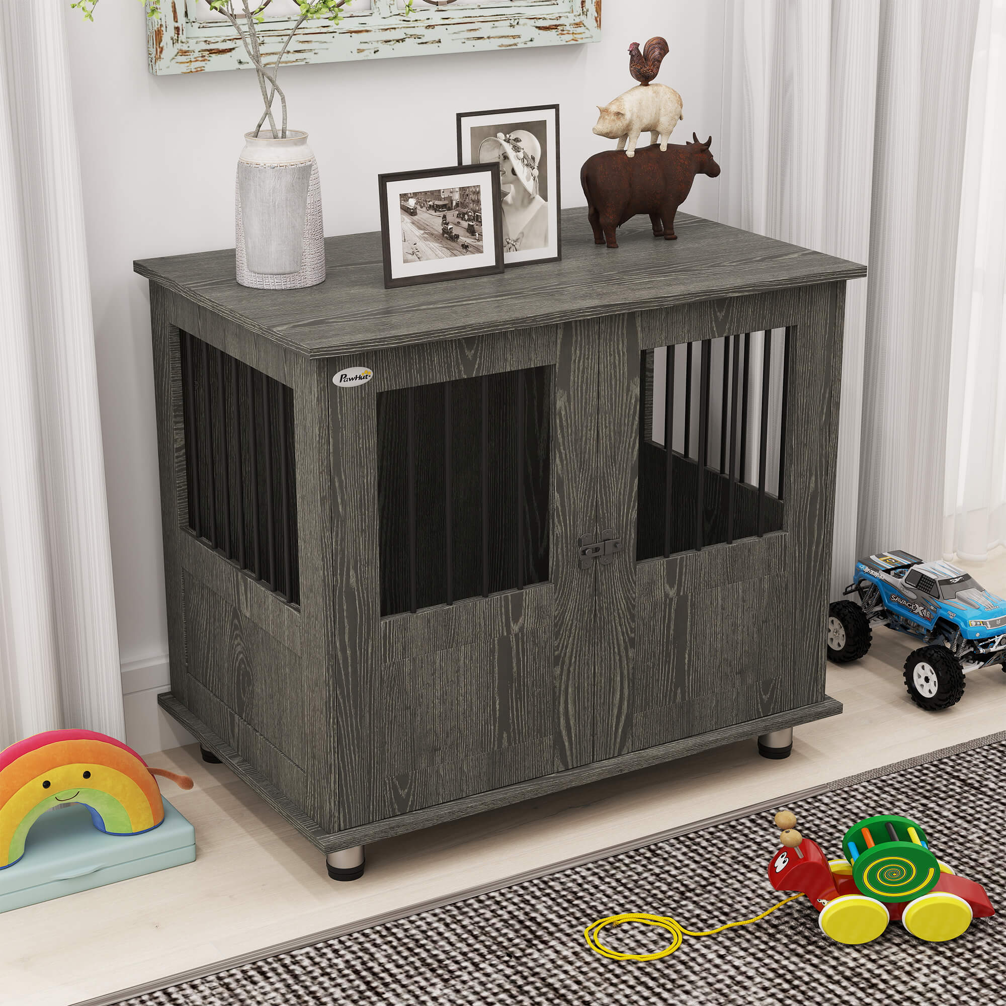 Dog Crate Furniture with Lockable Magnetic Door, Adjustable feet for Small & Medium Dogs, Indoor Use, Grey-DECOROLALA