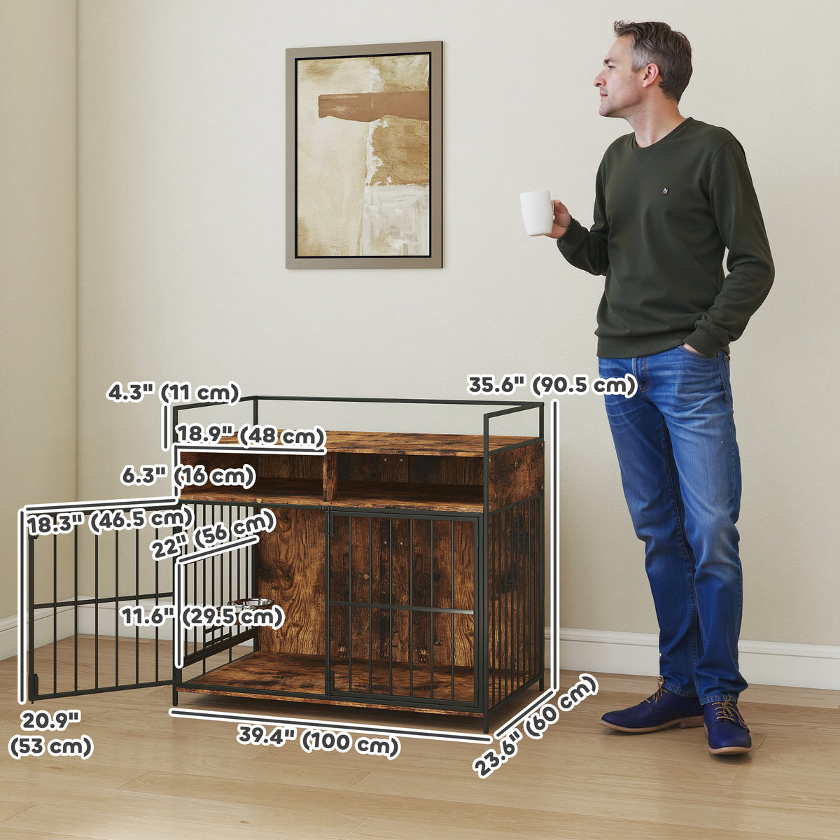 Dog Crate Furniture with Rotating Feeder and Shelves - Rustic Brown-Dogs-DECOROLALA