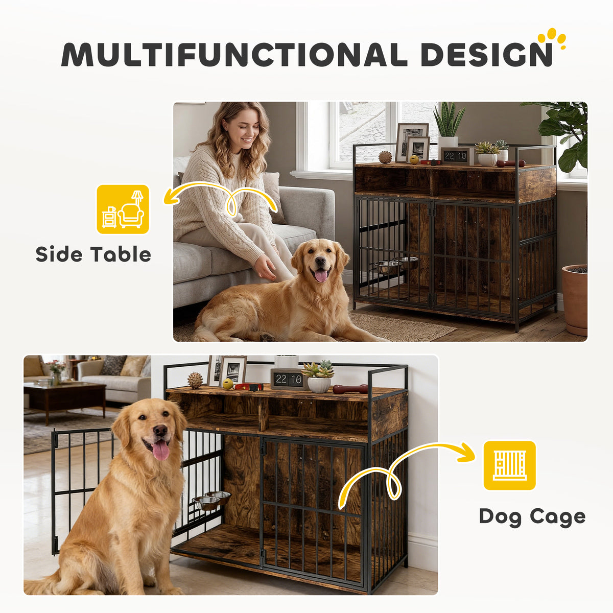 Dog Crate Furniture with Rotating Feeder and Shelves - Rustic Brown-Dogs-DECOROLALA