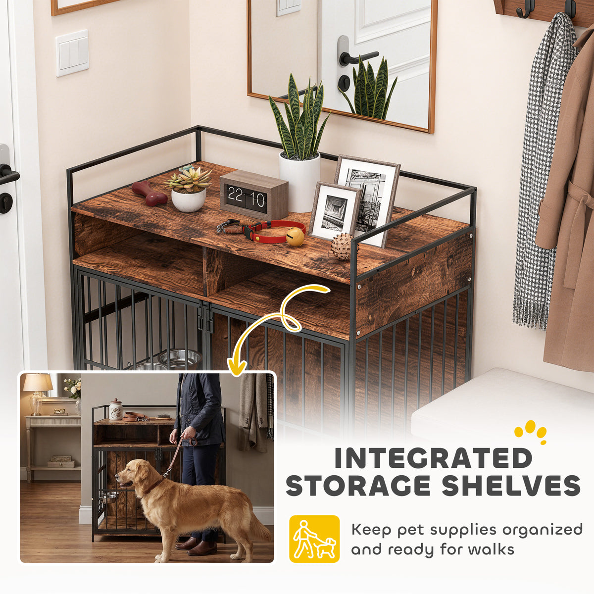 Dog Crate Furniture with Rotating Feeder and Shelves - Rustic Brown-Dogs-DECOROLALA