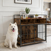 Dog Crate Furniture with Rotating Feeder and Shelves - Rustic Brown-Dogs-DECOROLALA