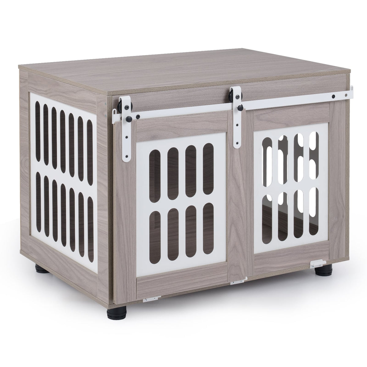 Dog Crate Furniture with Sliding Barn Door for Small Medium Dogs-Gray-Dog Kennels-DECOROLALA