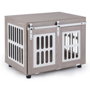 Dog Crate Furniture with Sliding Barn Door for Small Medium Dogs-Gray-Dog Kennels-DECOROLALA