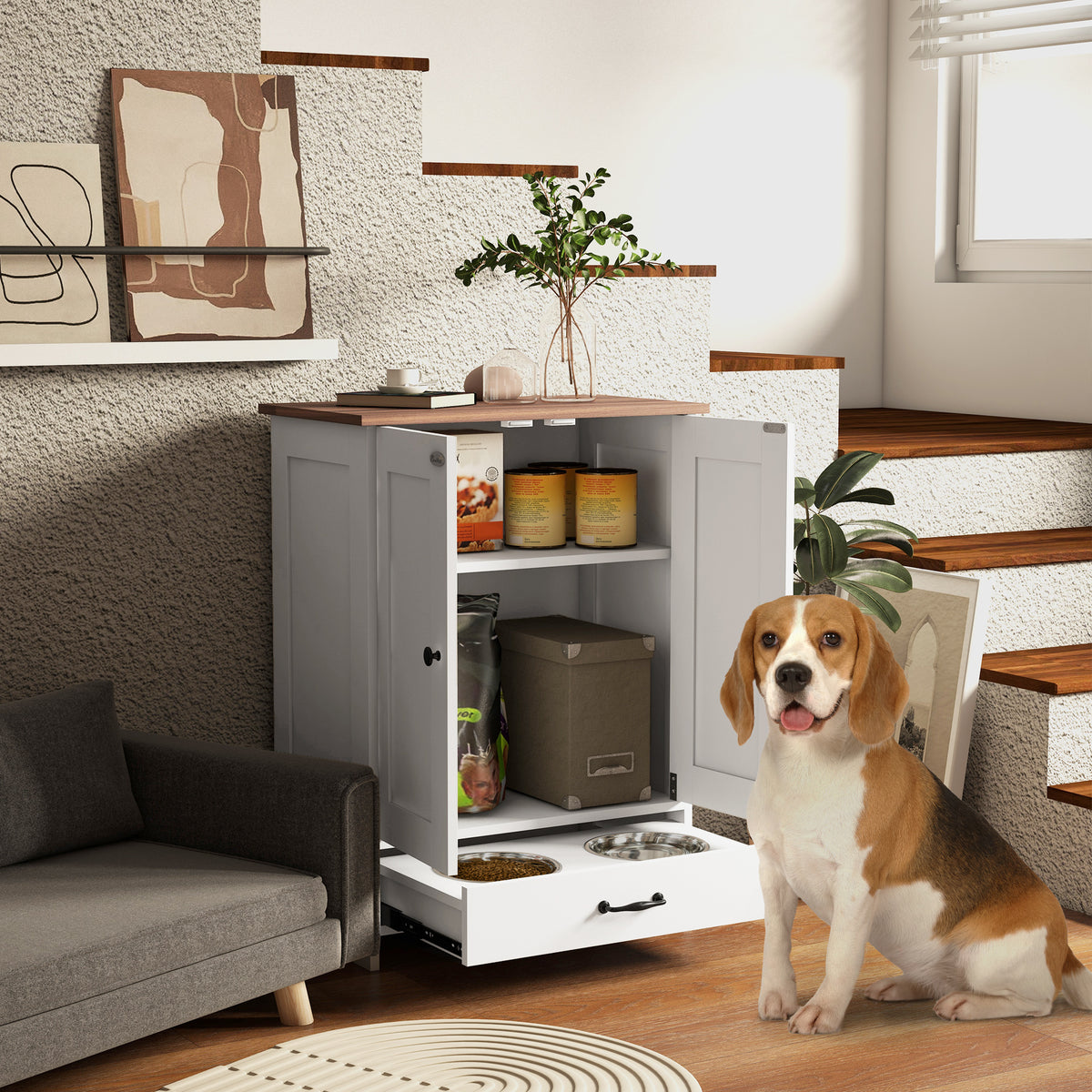 Dog Feeding Station with Food Storage Cabinet - White-Dogs-DECOROLALA