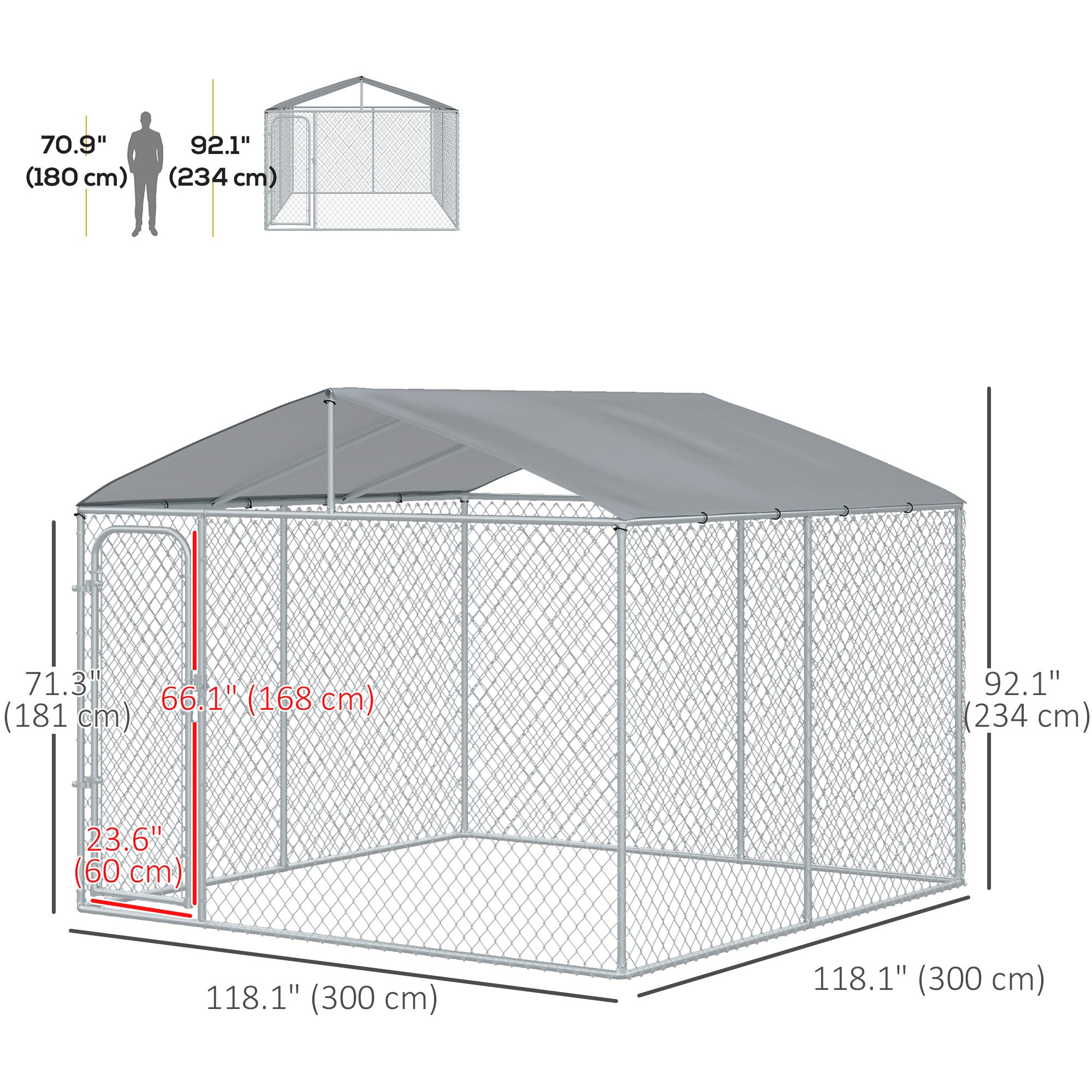 Dog Kennel Outdoor Run Fence with Roof, Steel Lock, Mesh Sidewalls for Backyard & Patio, 9.8' x 9.8' x 7.7'-Dogs-DECOROLALA