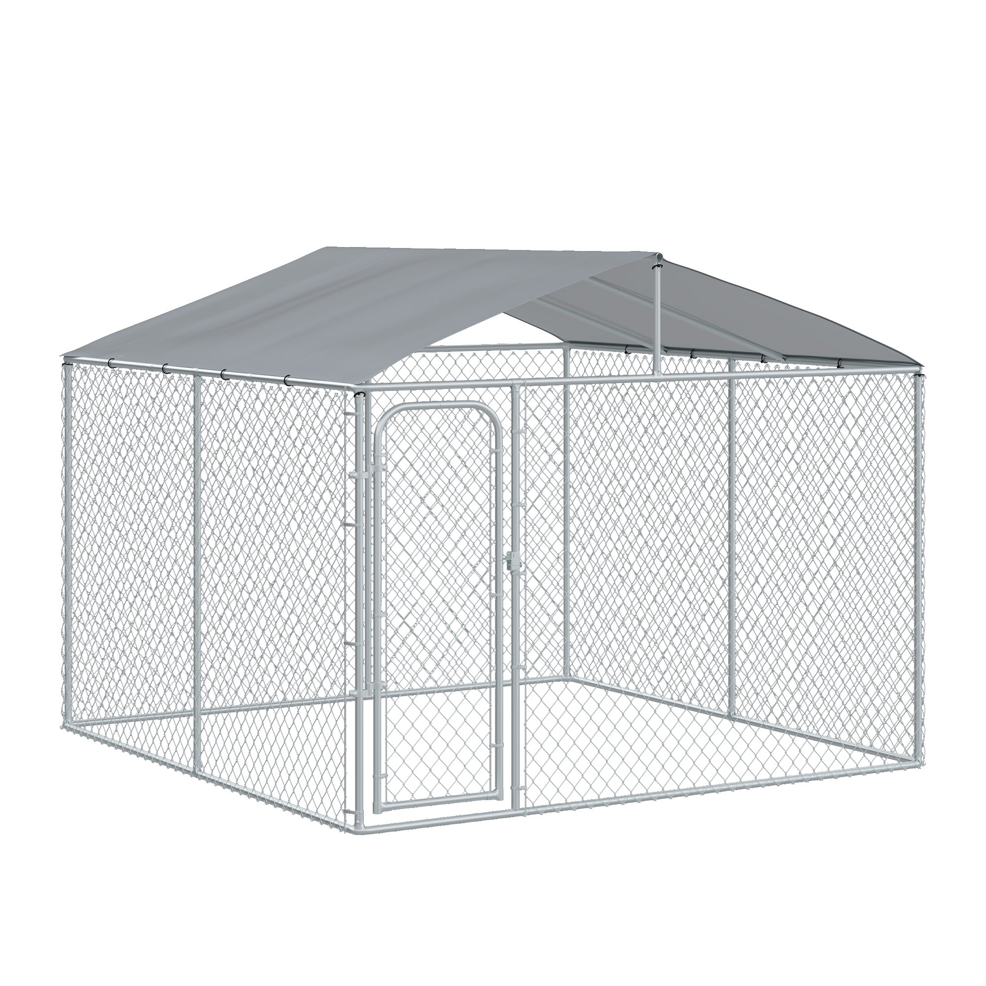Dog Kennel Outdoor Run Fence with Roof, Steel Lock, Mesh Sidewalls for Backyard & Patio, 9.8' x 9.8' x 7.7'-Dogs-DECOROLALA