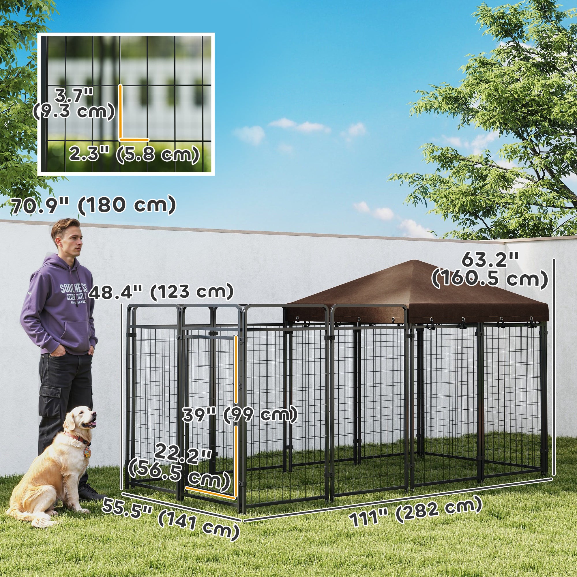 Dog Kennel Outdoor with Waterproof Canopy, Dog Run with Galvanized Chain Link for Large and Medium Dogs, Black-Dogs-DECOROLALA