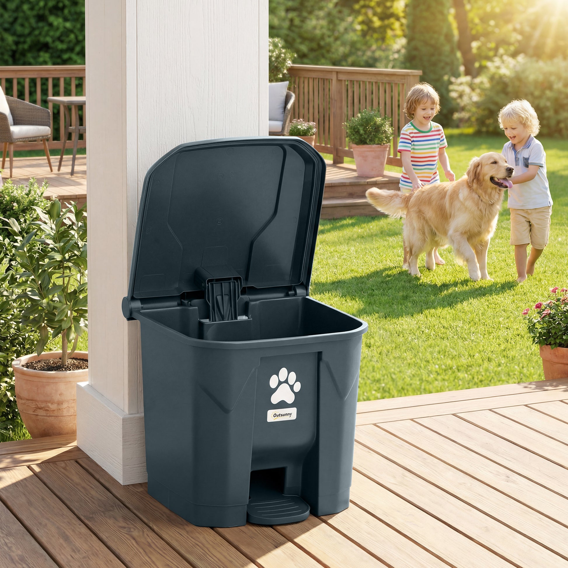 Dog Poop Outdoor Garbage Bin, 8 Gal Pet Waste Garbage Can with Lid and Pedal, Waterproof Plastic Trash Can, Dark Grey-Patio & Garden > Lawn & Garden > Garden Accessories-DECOROLALA