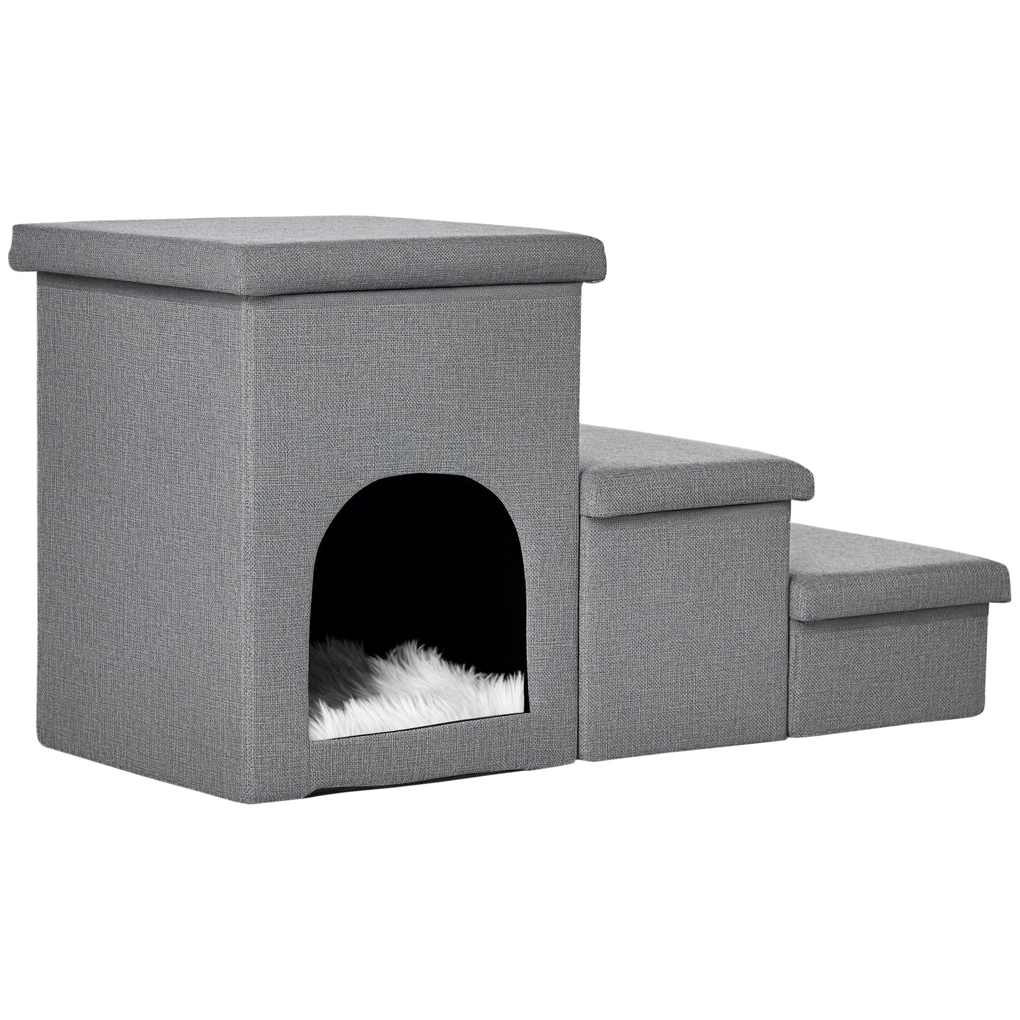 Dog Ramp with Storage Boxes and Condo, 3-step Pet Stairs for High Beds and Couch with Washable Plush Cushion-Dogs-DECOROLALA