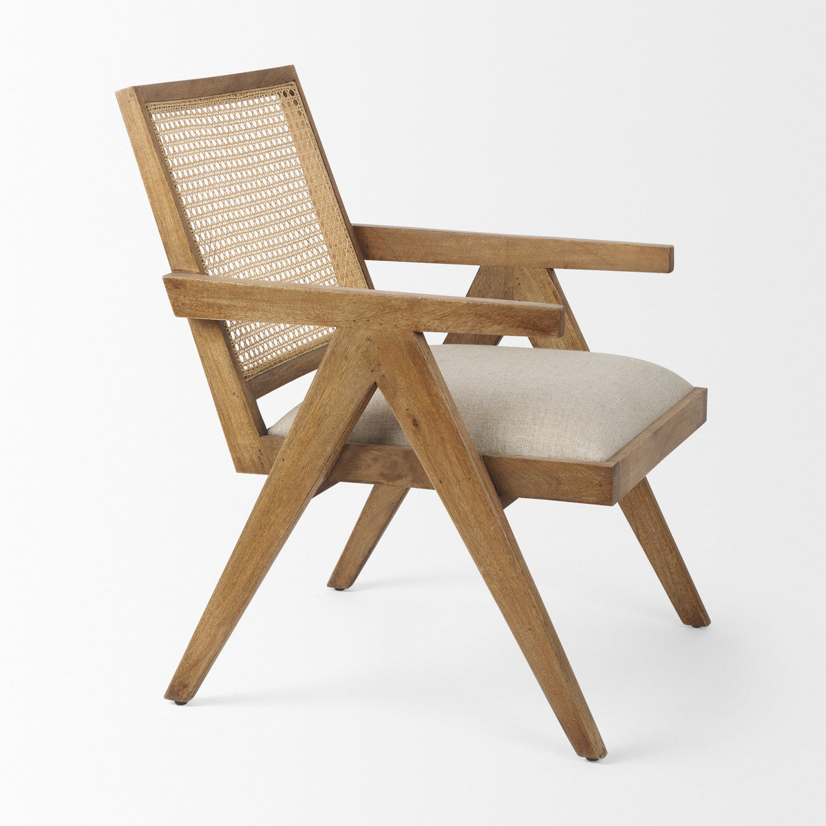 Donna Cane Back Dining Arm Chair | Light Beige Linen w/ Mango Wood-Dining Chairs-DECOROLALA