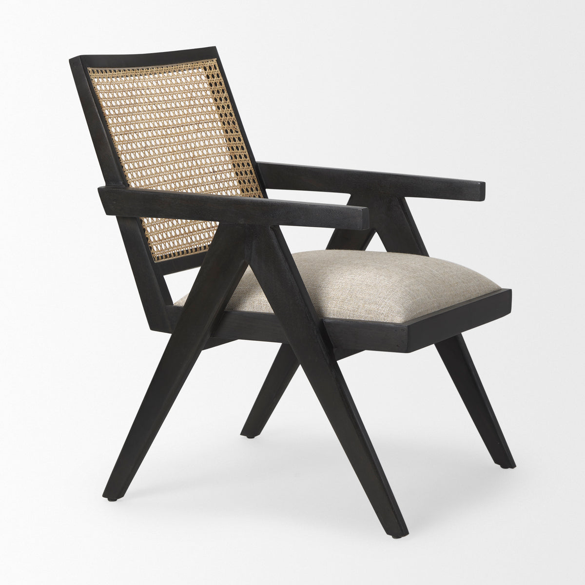 Donna Cane Back Dining Arm Chair | Light Beige Linen w/ Mango Wood-Dining Chairs-DECOROLALA