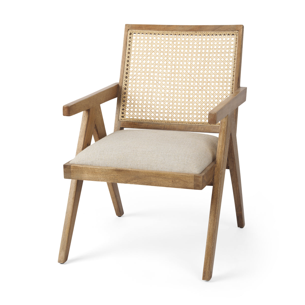 Donna Cane Back Dining Arm Chair | Light Beige Linen w/ Mango Wood-Dining Chairs-DECOROLALA
