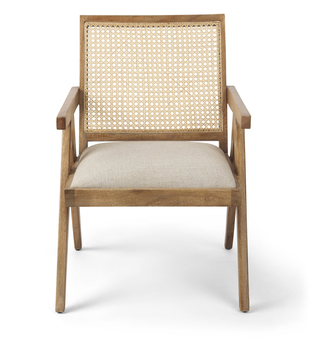 Donna Cane Back Dining Arm Chair | Light Beige Linen w/ Mango Wood-Dining Chairs-DECOROLALA