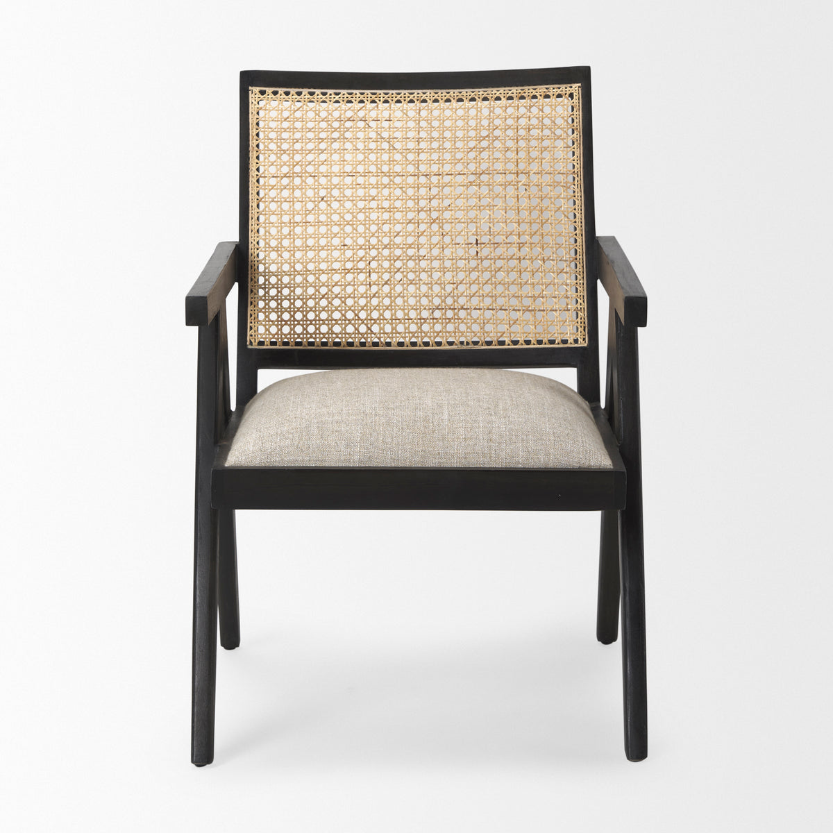 Donna Cane Back Dining Arm Chair | Light Beige Linen w/ Mango Wood-Dining Chairs-DECOROLALA