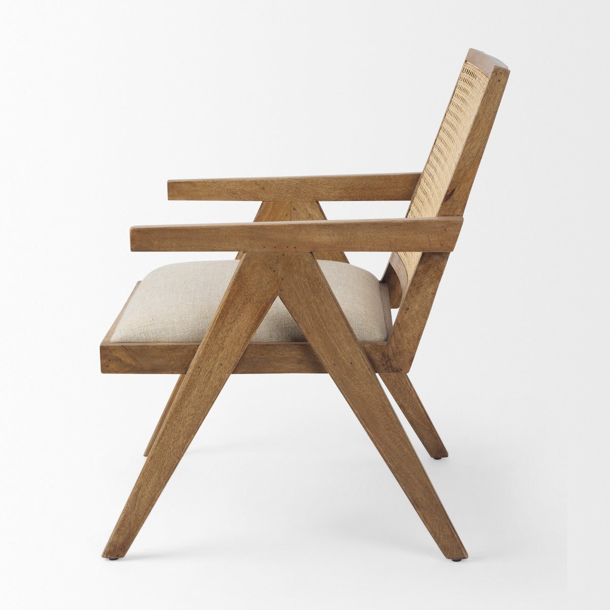 Donna Cane Back Dining Arm Chair | Light Beige Linen w/ Mango Wood-Dining Chairs-DECOROLALA