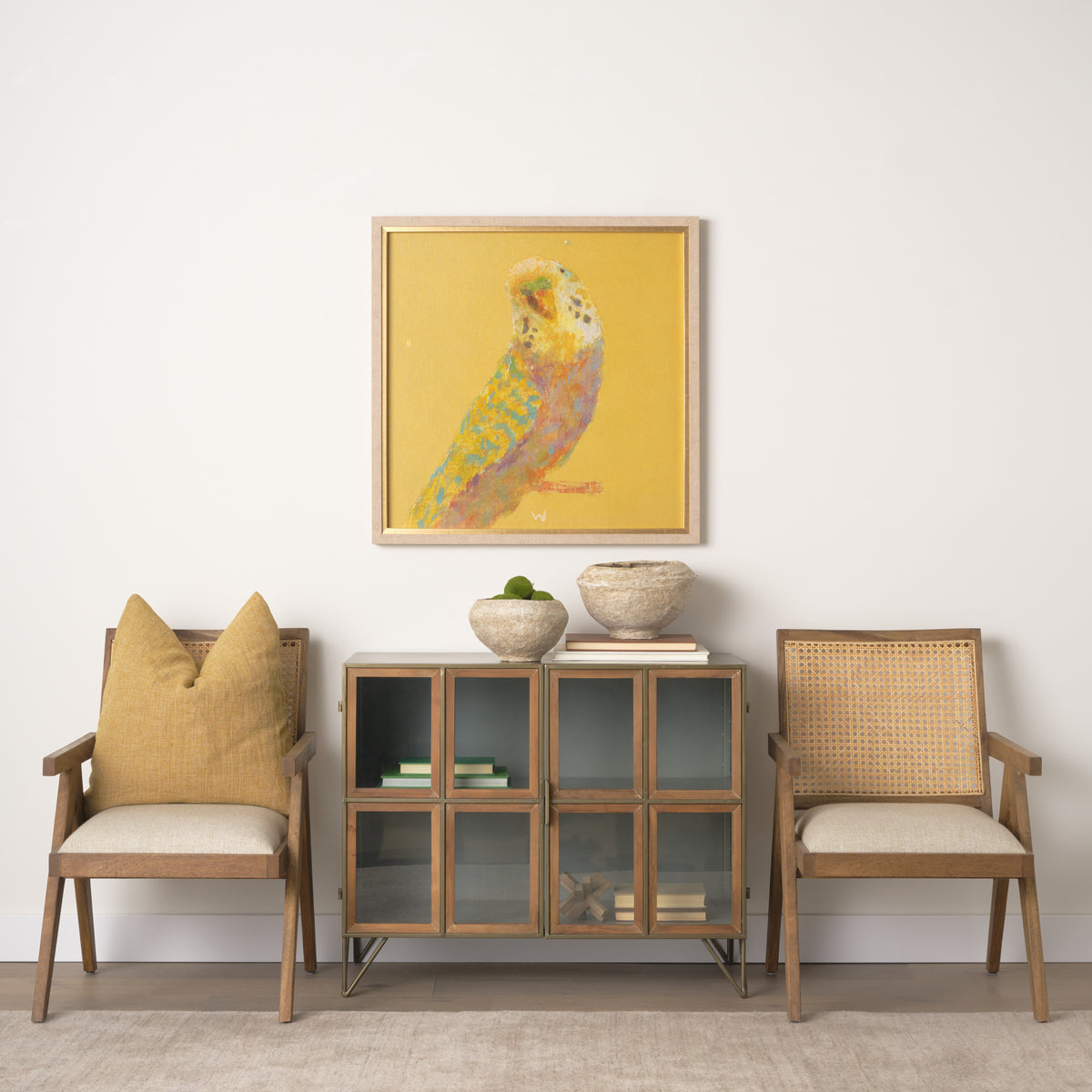 Donna Cane Back Dining Arm Chair | Light Beige Linen w/ Mango Wood-Dining Chairs-DECOROLALA