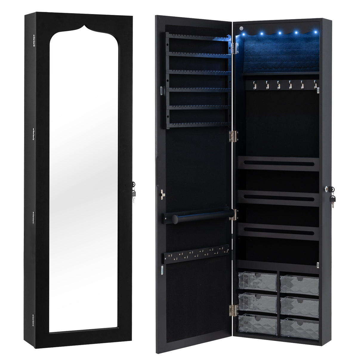Door Hanging Mirror Jewelry Armoire with Full Length Mirror and 6 Drawers-Black-Jewelry Armoires-DECOROLALA