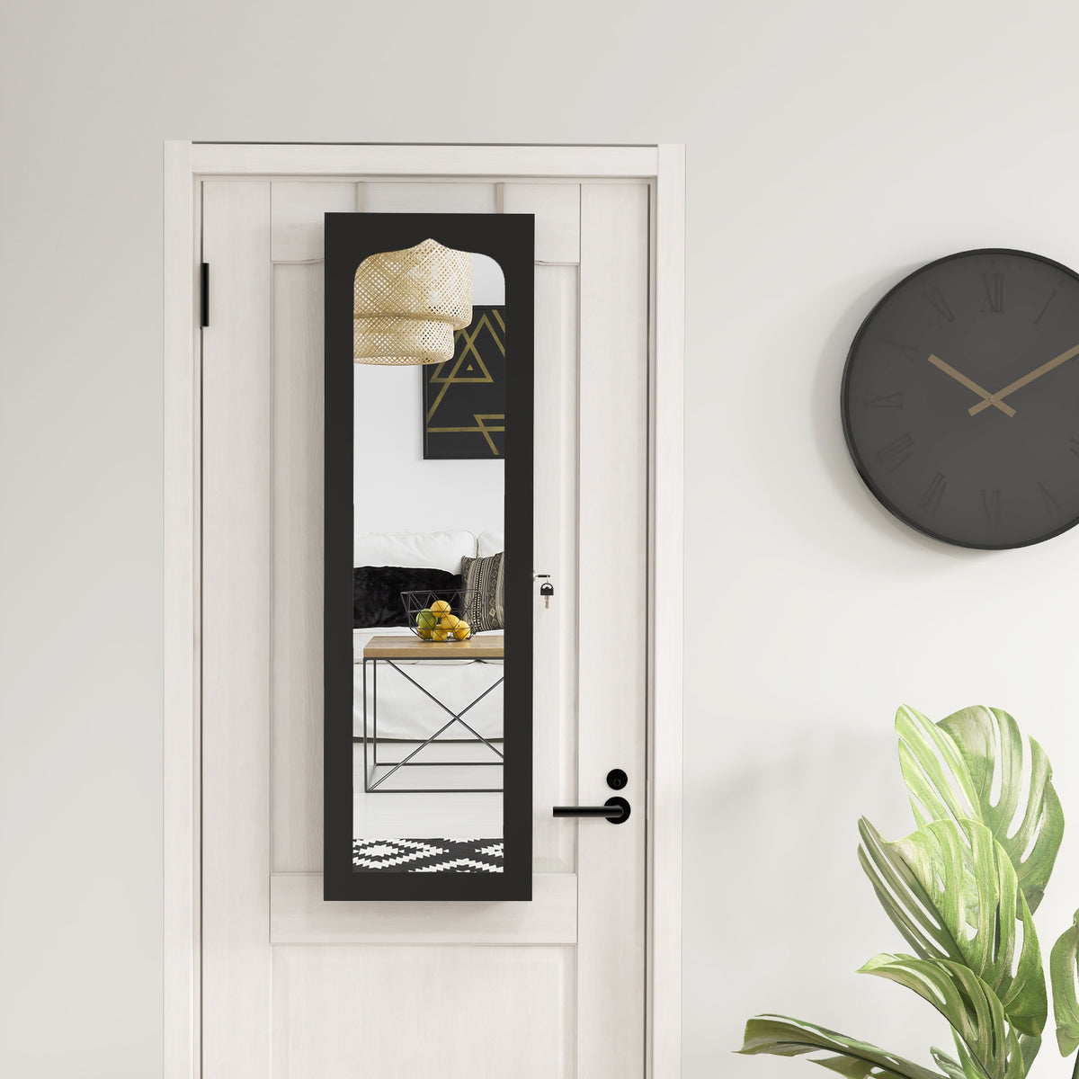 Door Hanging Mirror Jewelry Armoire with Full Length Mirror and 6 Drawers-Black-Jewelry Armoires-DECOROLALA