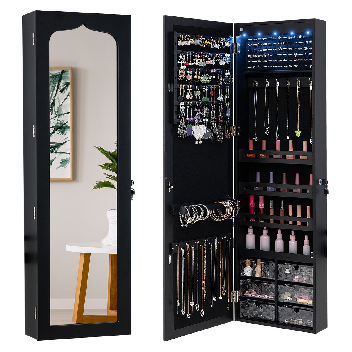 Door Hanging Mirror Jewelry Armoire with Full Length Mirror and 6 Drawers-Black-Jewelry Armoires-DECOROLALA