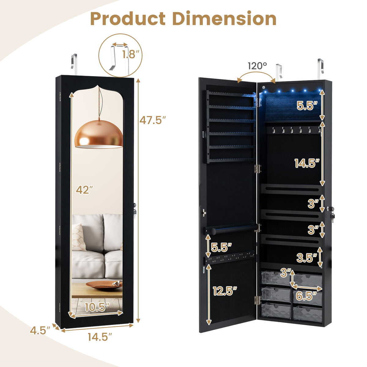 Door Hanging Mirror Jewelry Armoire with Full Length Mirror and 6 Drawers-Black-Jewelry Armoires-DECOROLALA