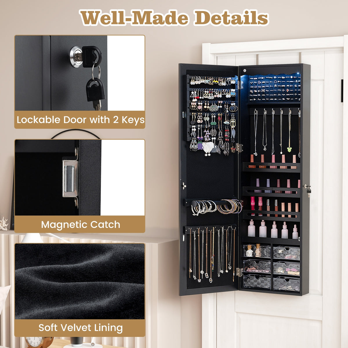 Door Hanging Mirror Jewelry Armoire with Full Length Mirror and 6 Drawers-Black-Jewelry Armoires-DECOROLALA