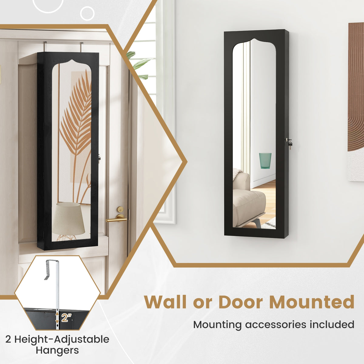 Door Hanging Mirror Jewelry Armoire with Full Length Mirror and 6 Drawers-Black-Jewelry Armoires-DECOROLALA