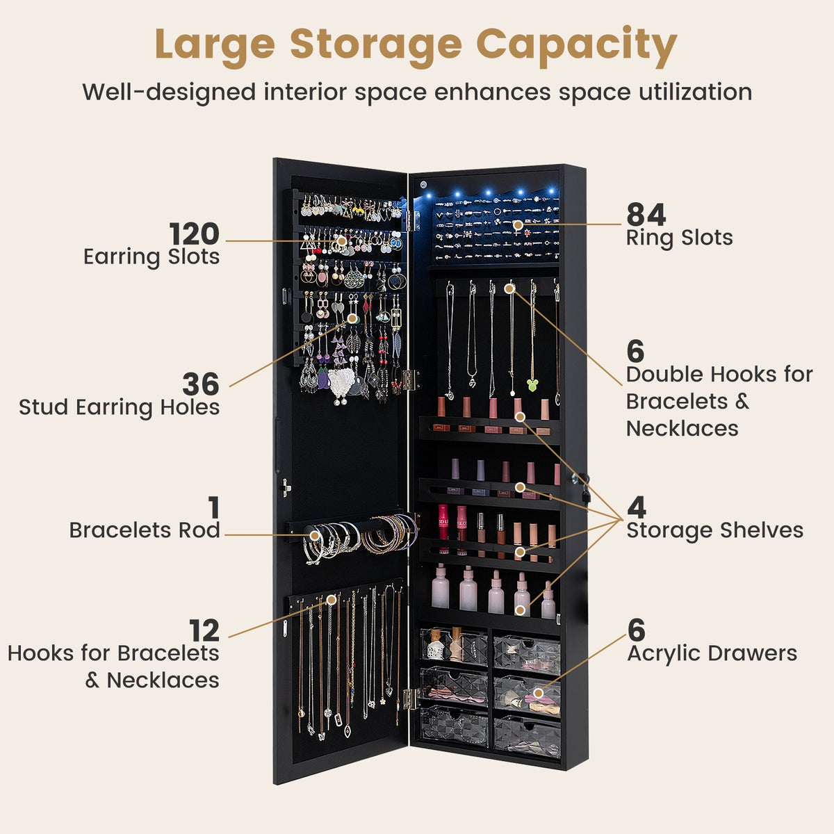 Door Hanging Mirror Jewelry Armoire with Full Length Mirror and 6 Drawers-Black-Jewelry Armoires-DECOROLALA