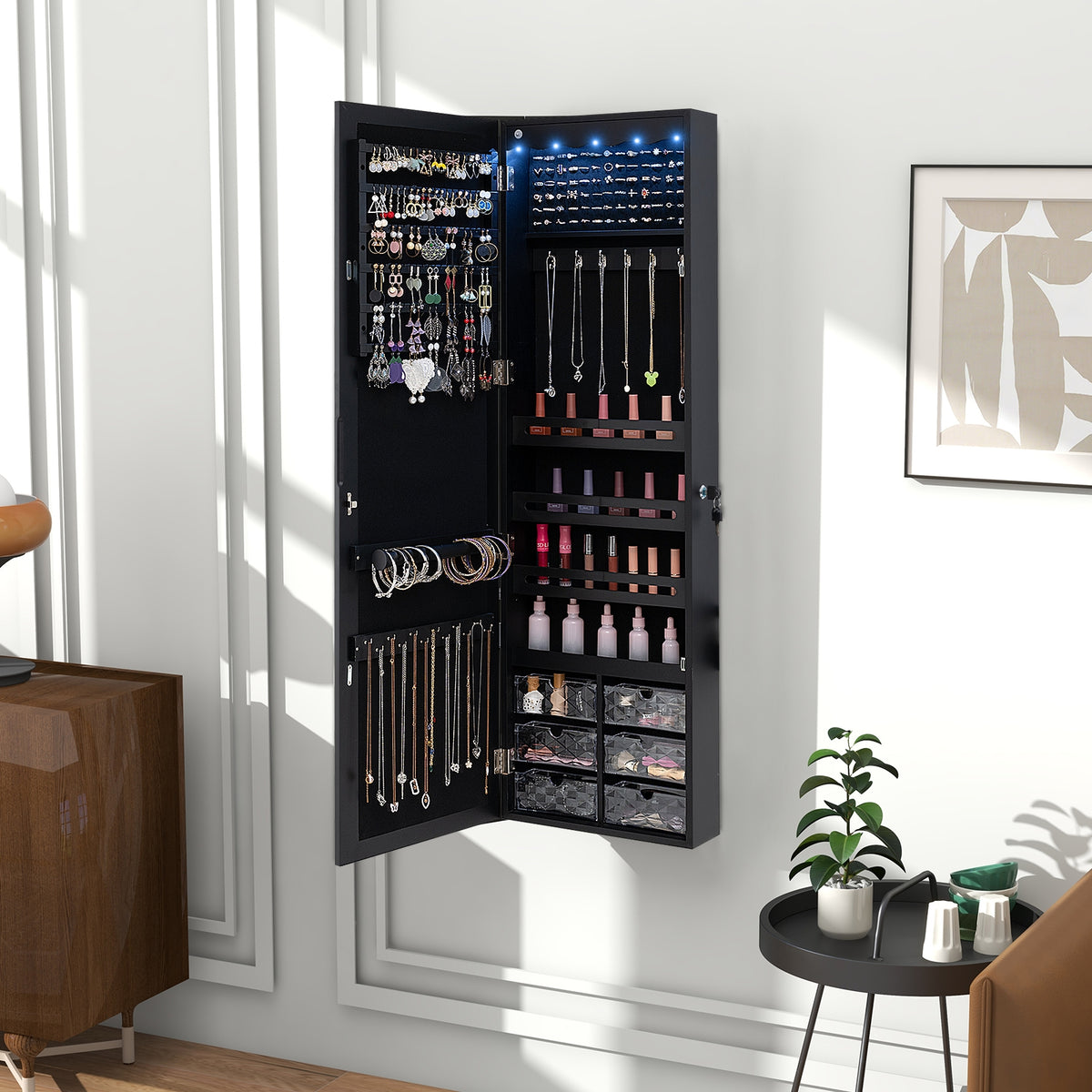 Door Hanging Mirror Jewelry Armoire with Full Length Mirror and 6 Drawers-Black-Jewelry Armoires-DECOROLALA
