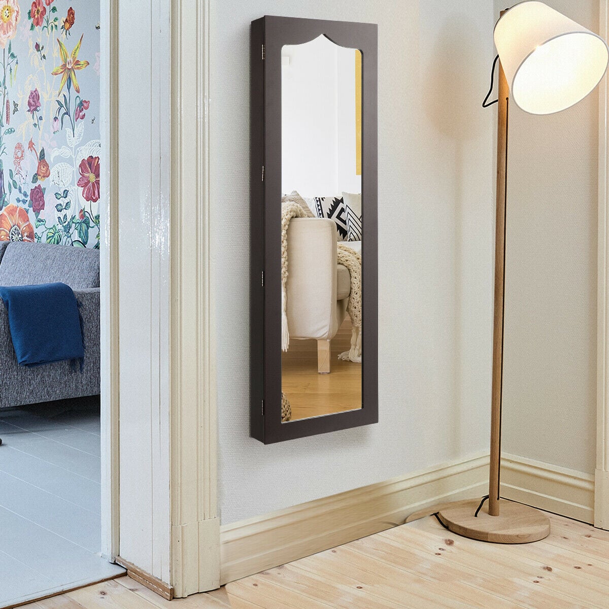 Door Hanging Mirror Jewelry Armoire with Full Length Mirror and 6 Drawers-Coffee-Jewelry Armoires-DECOROLALA