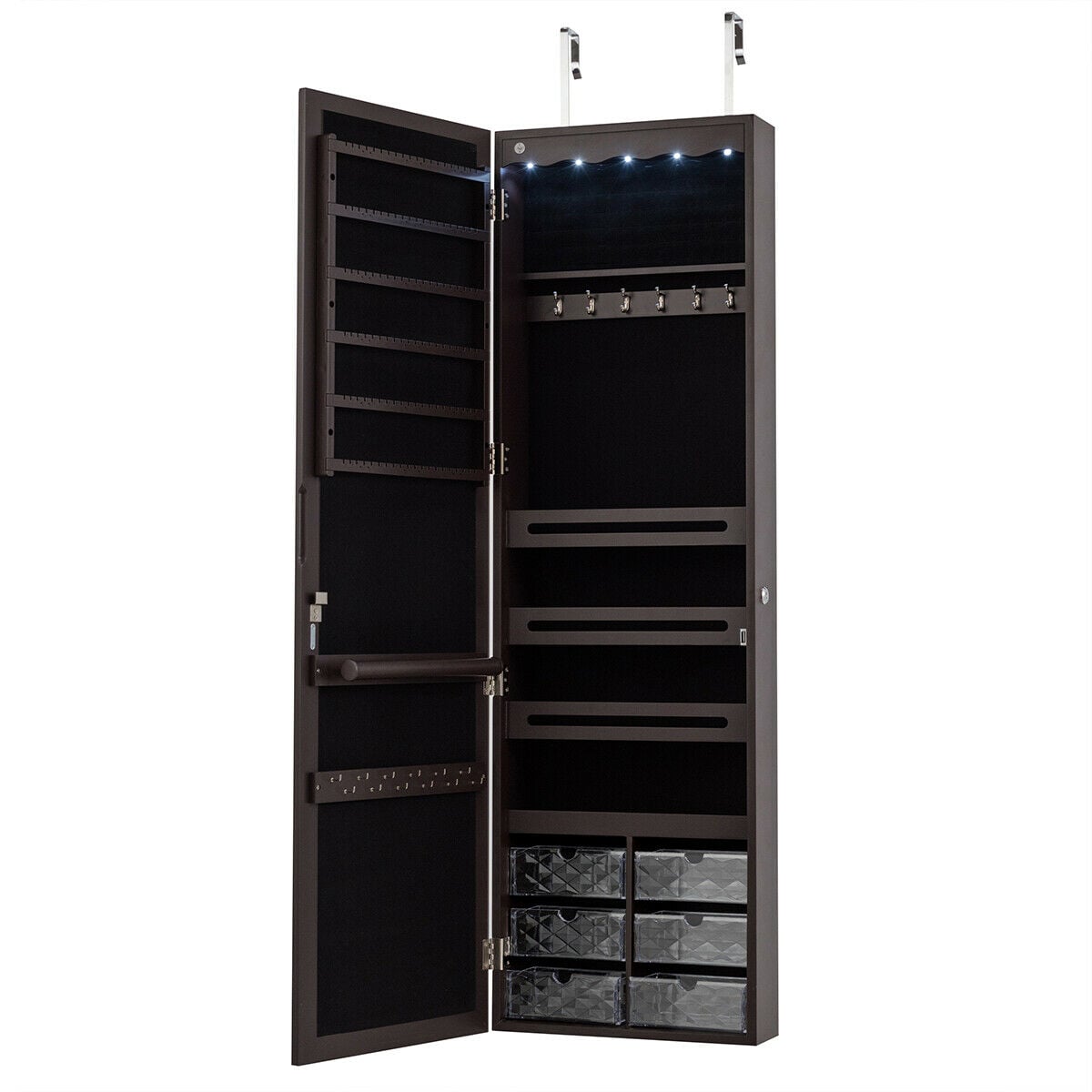 Door Hanging Mirror Jewelry Armoire with Full Length Mirror and 6 Drawers-Coffee-Jewelry Armoires-DECOROLALA