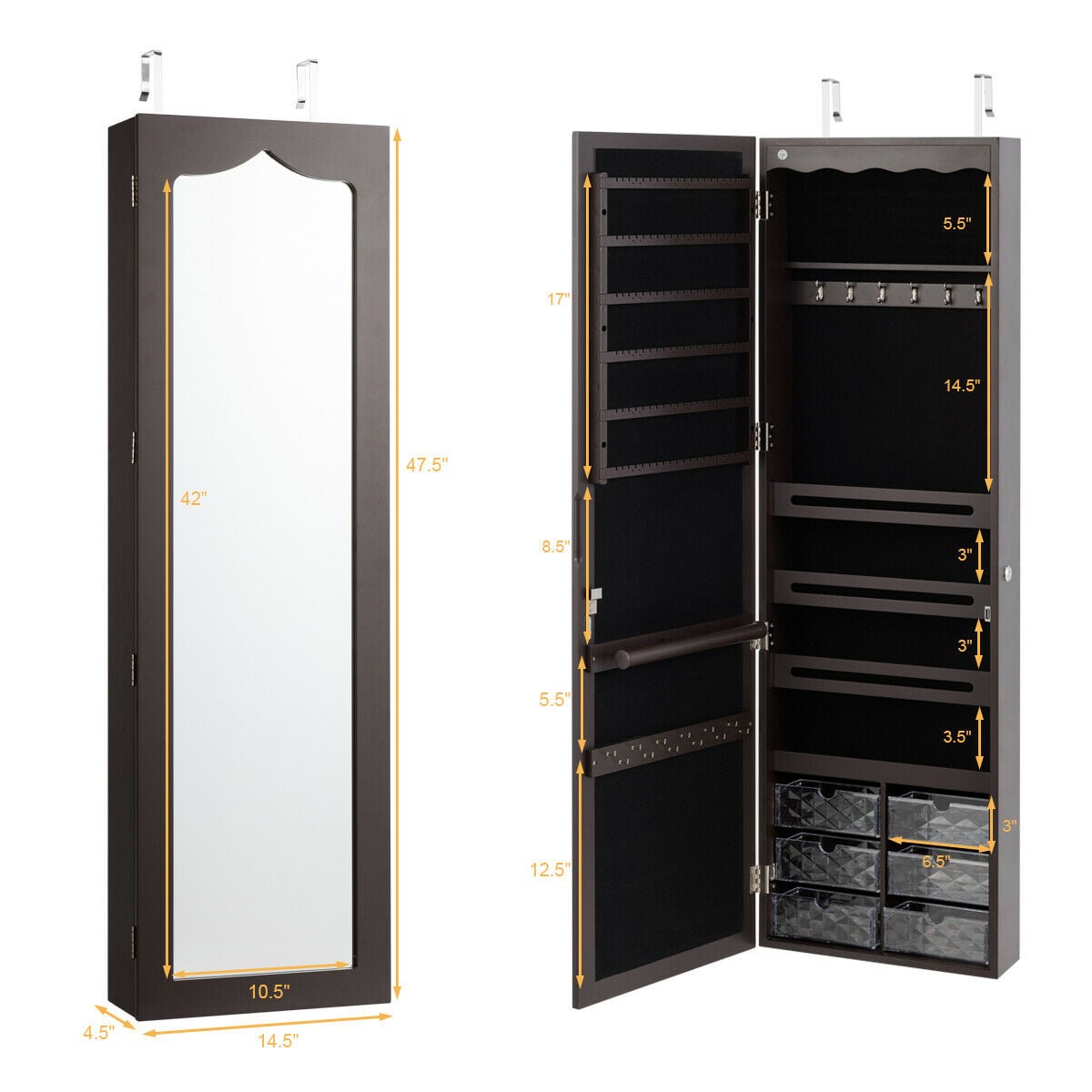 Door Hanging Mirror Jewelry Armoire with Full Length Mirror and 6 Drawers-Coffee-Jewelry Armoires-DECOROLALA