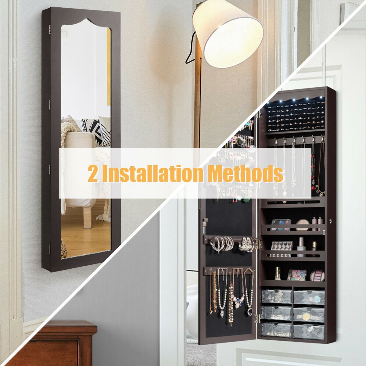 Door Hanging Mirror Jewelry Armoire with Full Length Mirror and 6 Drawers-Coffee-Jewelry Armoires-DECOROLALA