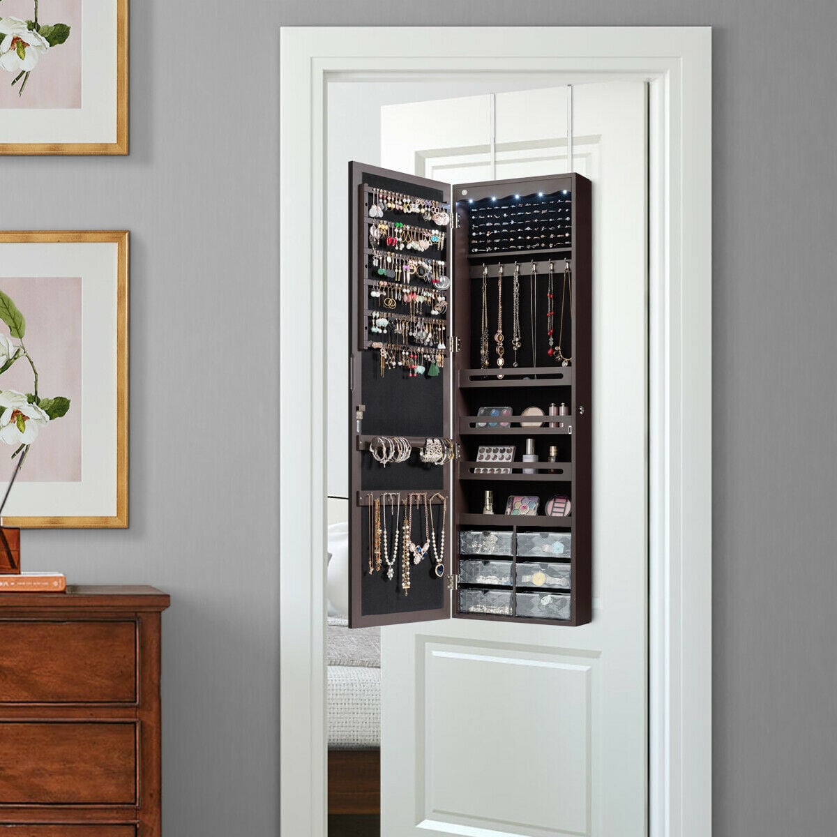 Door Hanging Mirror Jewelry Armoire with Full Length Mirror and 6 Drawers-Coffee-Jewelry Armoires-DECOROLALA