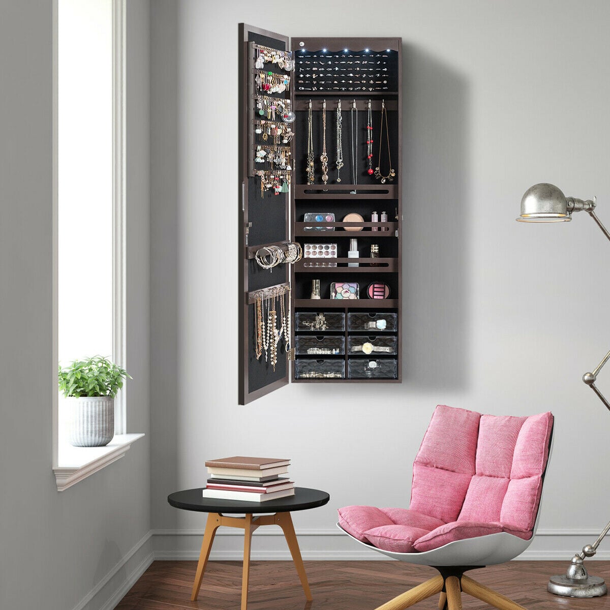 Door Hanging Mirror Jewelry Armoire with Full Length Mirror and 6 Drawers-Coffee-Jewelry Armoires-DECOROLALA