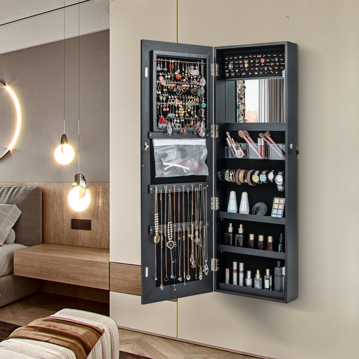 Door Wall Mount Touch Screen Mirrored Jewelry Cabinet-Black-Jewelry Armoires-DECOROLALA