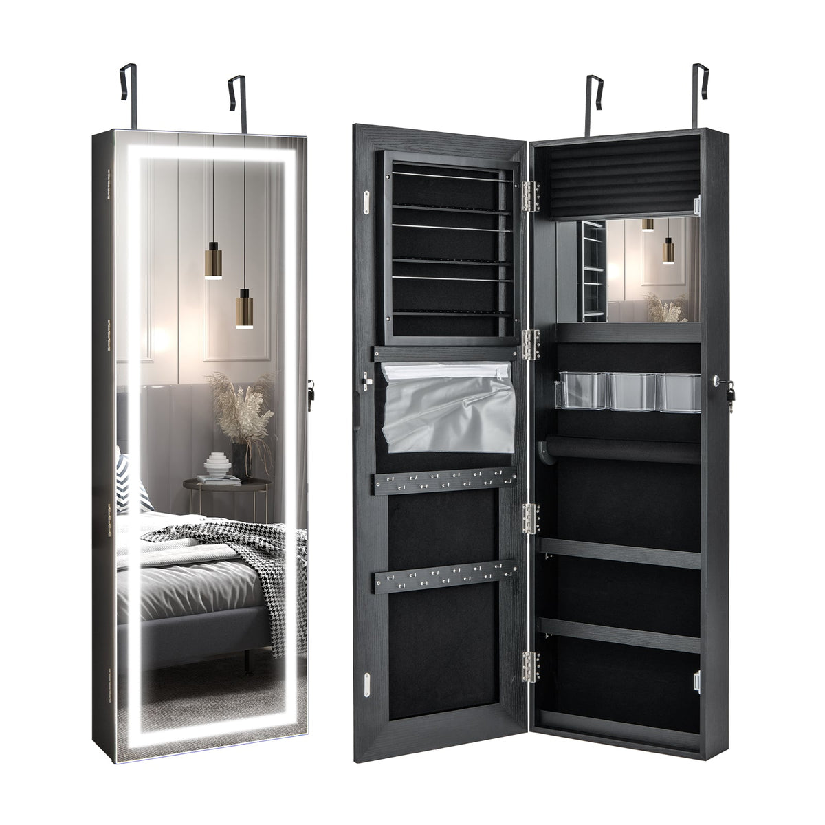 Door Wall Mount Touch Screen Mirrored Jewelry Cabinet-Black-Jewelry Armoires-DECOROLALA