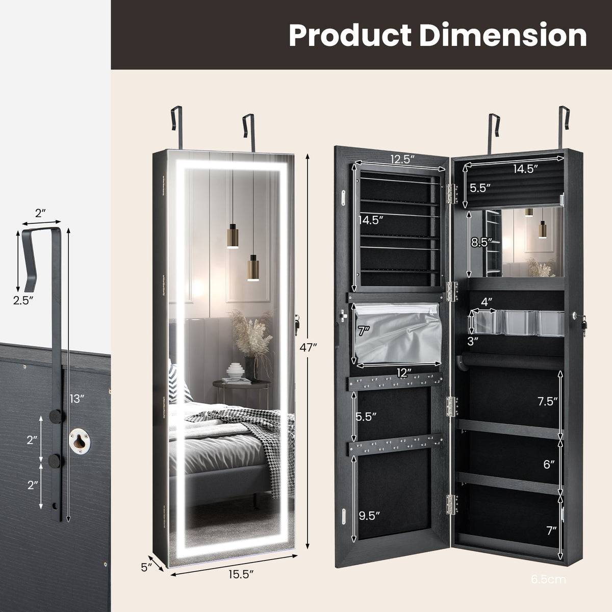 Door Wall Mount Touch Screen Mirrored Jewelry Cabinet-Black-Jewelry Armoires-DECOROLALA