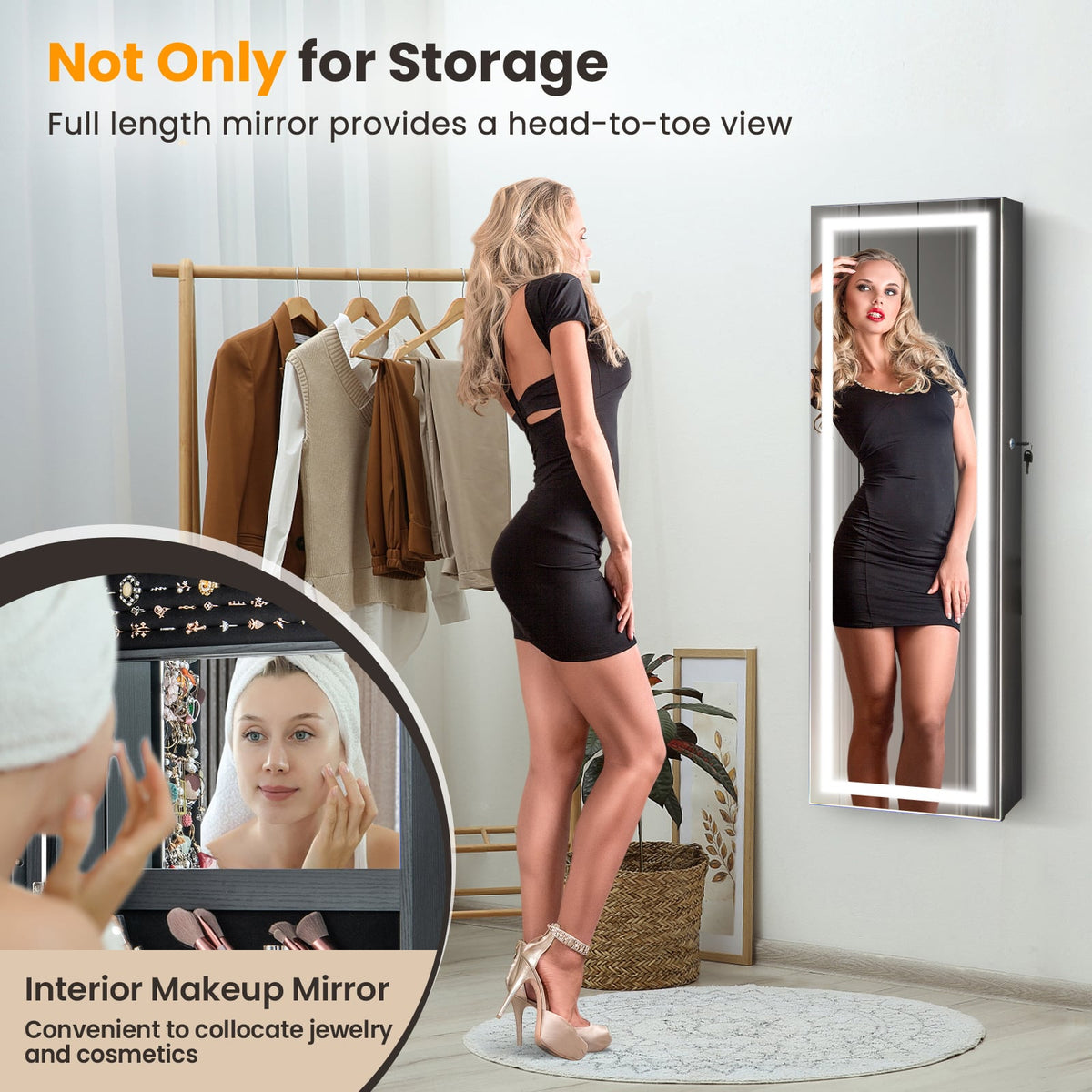 Door Wall Mount Touch Screen Mirrored Jewelry Cabinet-Black-Jewelry Armoires-DECOROLALA
