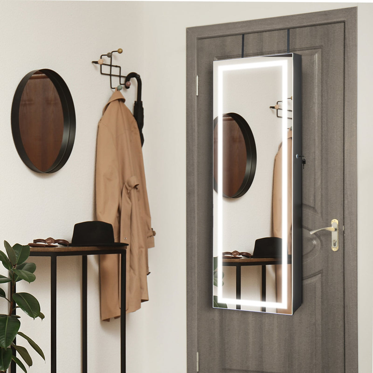 Door Wall Mount Touch Screen Mirrored Jewelry Cabinet-Black-Jewelry Armoires-DECOROLALA