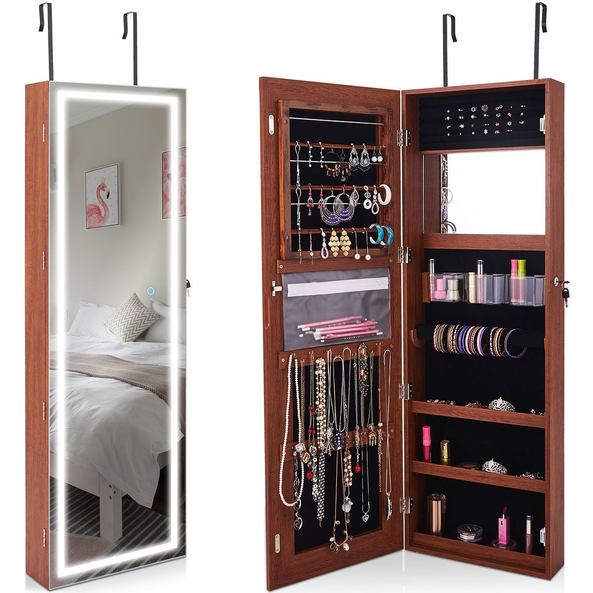 Door Wall Mount Touch Screen Mirrored Jewelry Cabinet-Brown-Jewelry Armoires-DECOROLALA