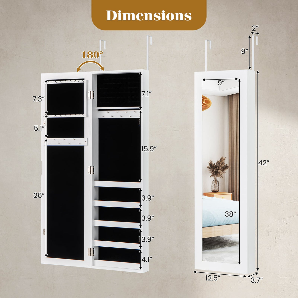 Door and Wall Mounted Armoire Jewelry Cabinet with Full-Length Mirror-Jewelry Armoires-DECOROLALA