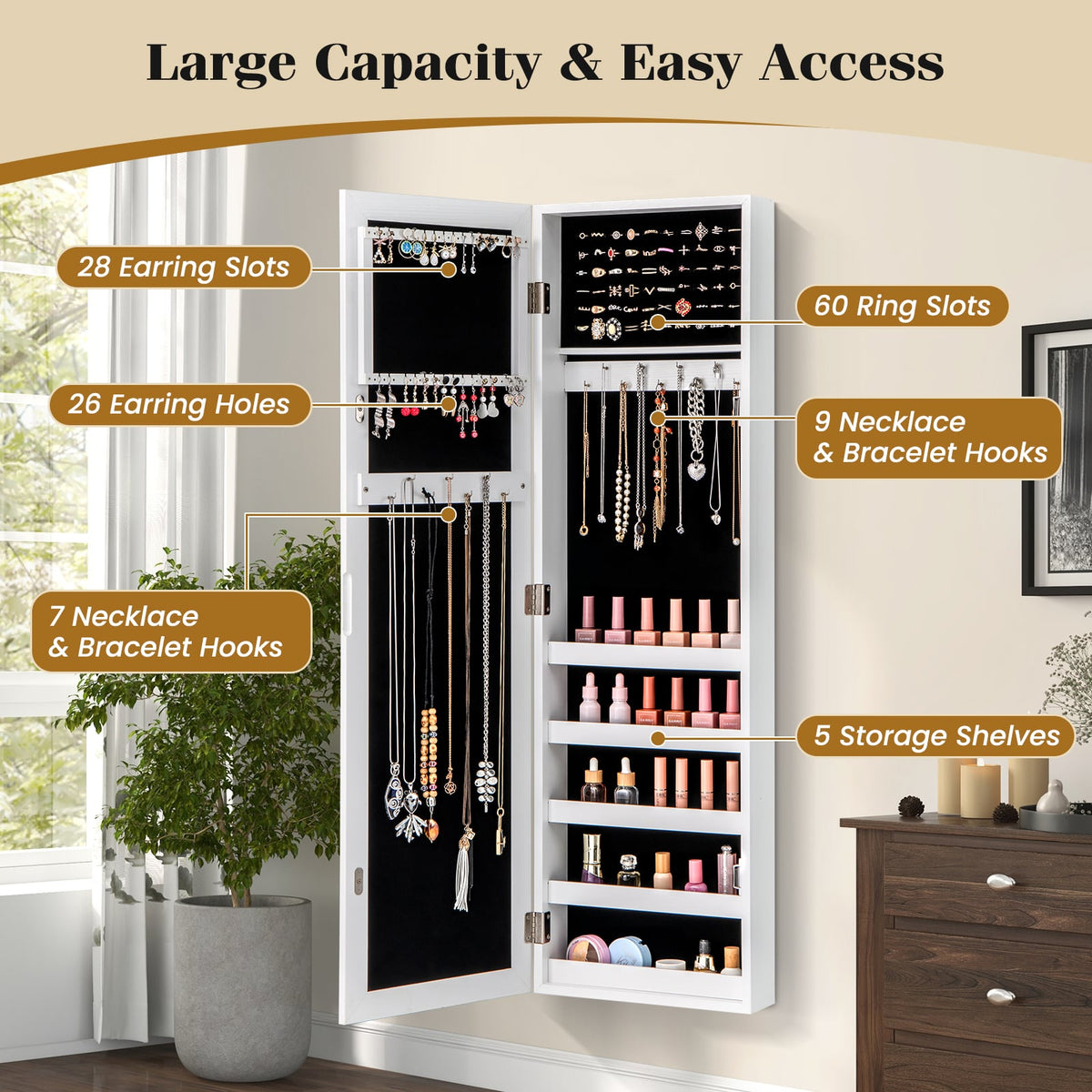 Door and Wall Mounted Armoire Jewelry Cabinet with Full-Length Mirror-Jewelry Armoires-DECOROLALA