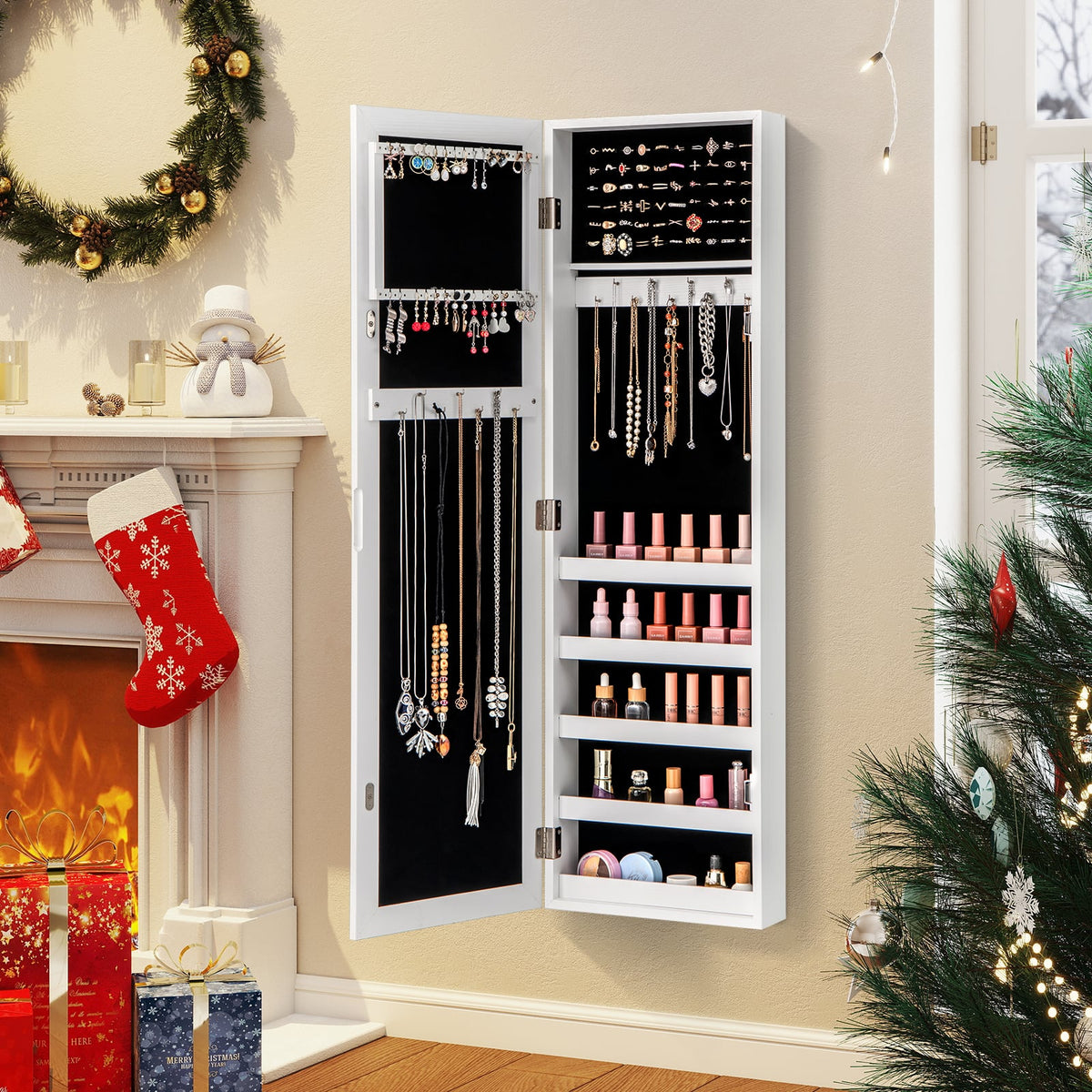 Door and Wall Mounted Armoire Jewelry Cabinet with Full-Length Mirror-Jewelry Armoires-DECOROLALA