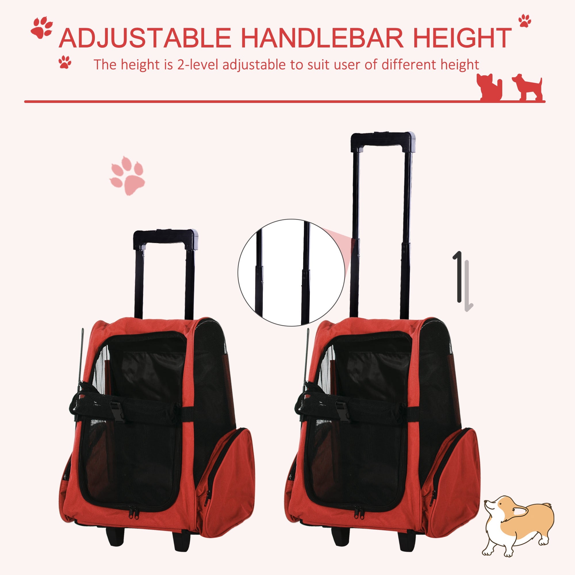 2-IN-1 Pet Luggage Box Backpack Carrier Cats Dogs w/ Handle, Rolling Wheel Red